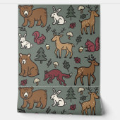 Woodland Forest Doodle Dieren groen Behang (Afrollen)