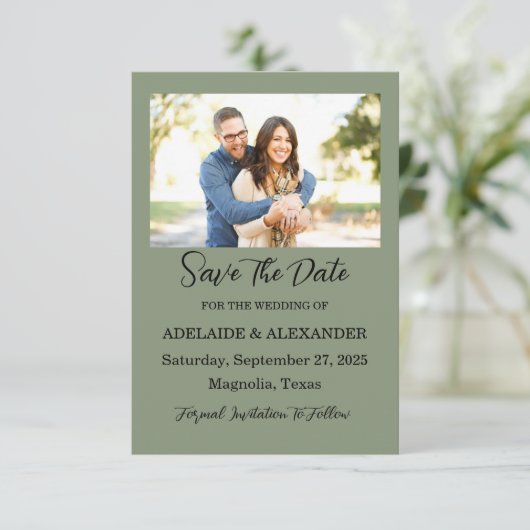 Woodland Forest foto bruiloft groen Save The Date (Staand voorkant)