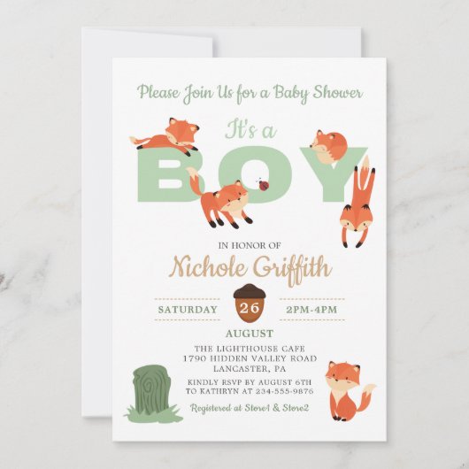 Woodland Forest Fox Boy Baby shower Invitation Kaart (Voorkant)
