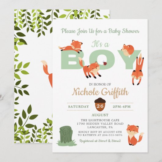 Woodland Forest Fox Boy Baby shower Invitation Kaart (Voorkant / Achterkant)