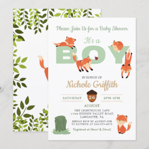 Woodland Forest Fox Boy Baby shower Invitation Kaart