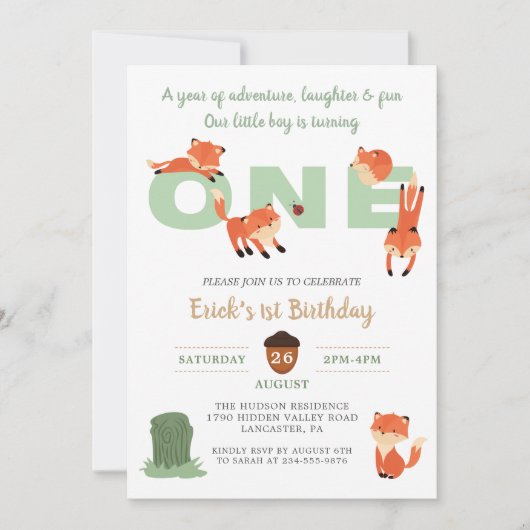 Woodland Forest Fox First Birthday Invitation Kaart (Voorkant)