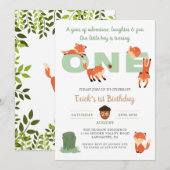 Woodland Forest Fox First Birthday Invitation Kaart (Voorkant / Achterkant)