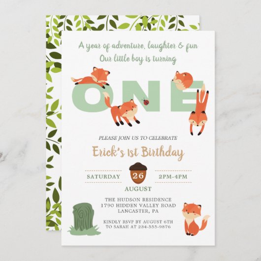 Woodland Forest Fox First Birthday Invitation Kaart (Voorkant / Achterkant)
