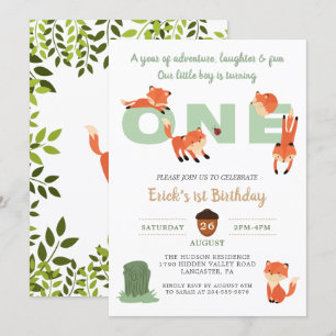 Woodland Forest Fox First Birthday Invitation Kaart