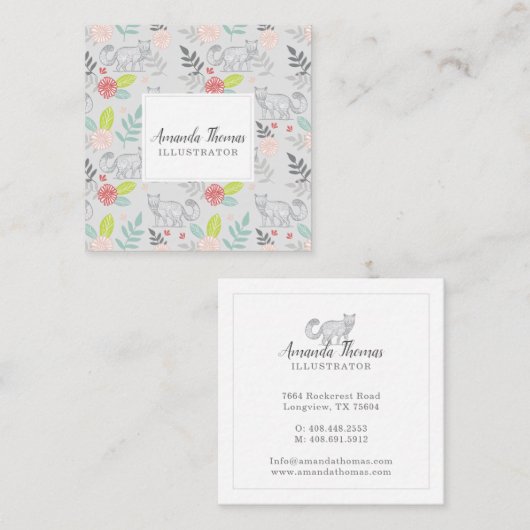 Woodland Forest Fox & Floral Foliage groen Vierkante Visitekaartje (Voorkant / Achterkant)