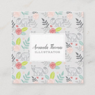 Woodland Forest Fox & Floral Foliage groen Vierkante Visitekaartje
