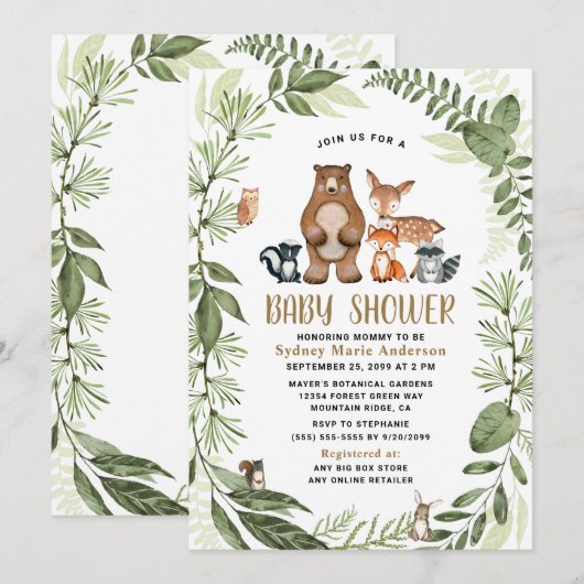 Woodland Forest Friends Greenery Boho Baby shower Kaart (Voorkant / Achterkant)