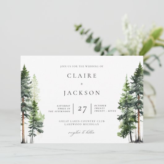 Woodland Forest Green Pines Modern Wedding Kaart (Staand voorkant)