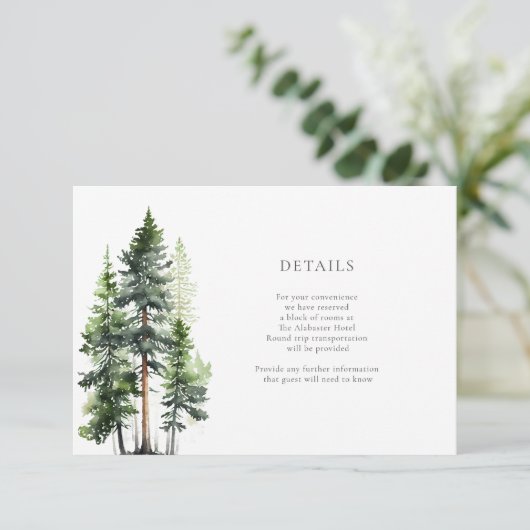 Woodland Forest Green Pines Weddenschap Details Informatiekaartje (Staand voorkant)