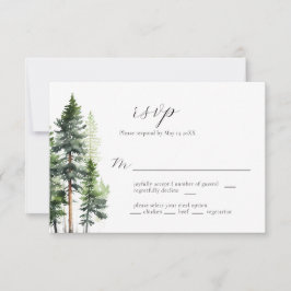 Woodland Forest Green Pines Wedding RSVP Kaart