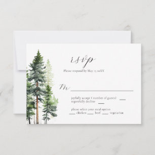 Woodland Forest Green Pines Wedding RSVP Kaart