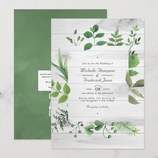 Woodland Forest Greenery QR Code Rustic Wedding Kaart (Voorkant / Achterkant)