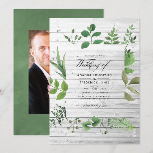 Woodland Forest Greenery Rustic Wedding Foto Kaart (Voorkant / Achterkant)