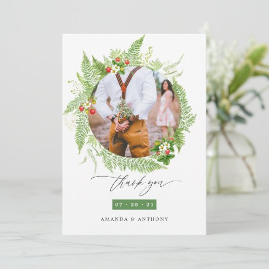 Woodland Forest Greenery Wedding Foto Bedankkaart (Staand voorkant)
