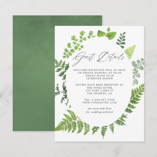 Woodland Forest Greenery Wedding Guest Details Informatiekaartje (Voorkant / Achterkant)