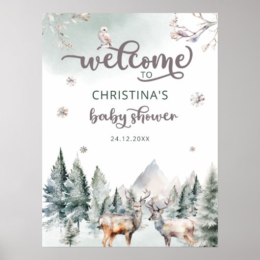 Woodland Forest Herten Winter Baby shower Welkom Poster (Voorkant)