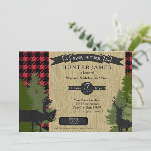 Woodland Forest Lumberjack Plaid Wood Baby shower Kaart (Staand voorkant)