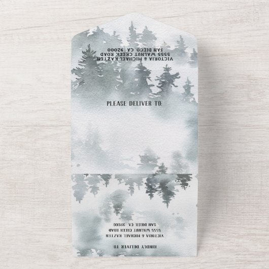 Woodland Forest Mountain Waterverf Wedding All In One Uitnodiging (Buitenkant)