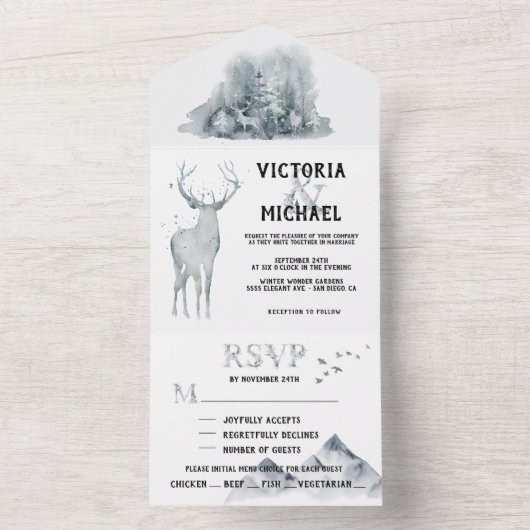 Woodland Forest Mountain Waterverf Wedding All In One Uitnodiging (Binnen)