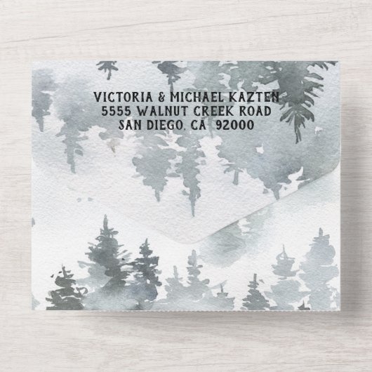 Woodland Forest Mountain Waterverf Wedding All In One Uitnodiging (Achterkant)