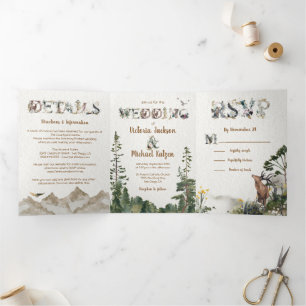 Woodland Forest Mountain Waterverf Wedding Drieluik Uitnodiging