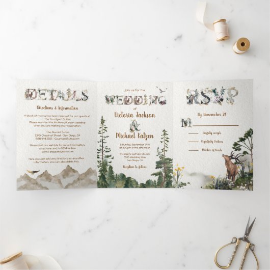Woodland Forest Mountain Waterverf Wedding Drieluik Uitnodiging (Binnen)