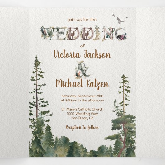 Woodland Forest Mountain Waterverf Wedding Drieluik Uitnodiging (Binnenkant midden)