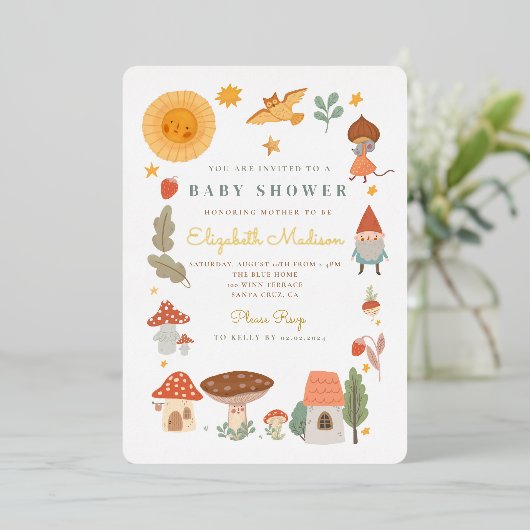 Woodland Forest Mushroom Baby shower Folie Invitat Folie Uitnodiging (Staand Voorkant)