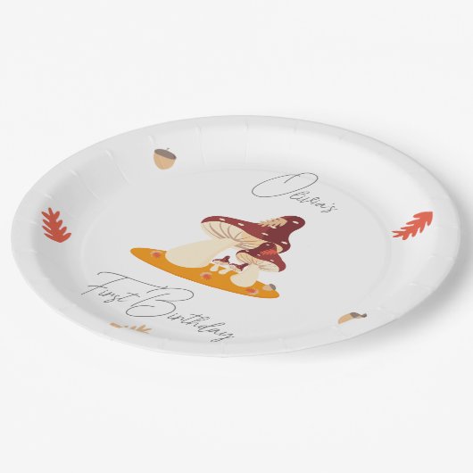 Woodland Forest Mushroom Eerste Verjaardag Papieren Bordje (Gekanteld)