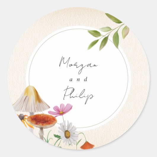 Woodland Forest Mushroom Floral Wedding Ronde Sticker (Voorkant)