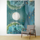 Woodland Forest Night Volle Maan Landschap Berg Wandkleed (In situ)