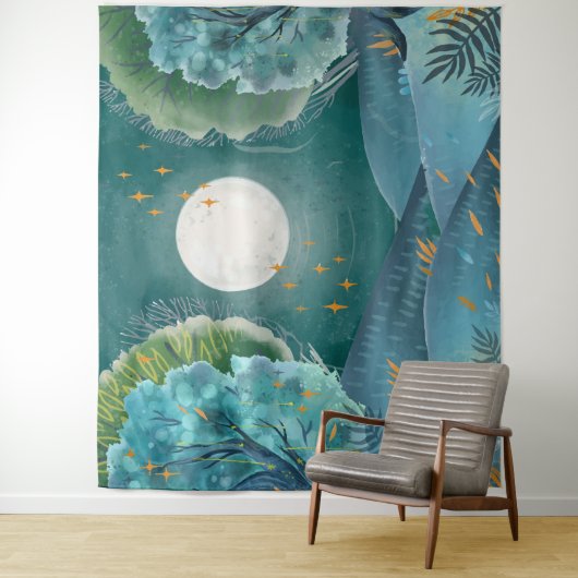 Woodland Forest Night Volle Maan Landschap Berg Wandkleed (In situ)