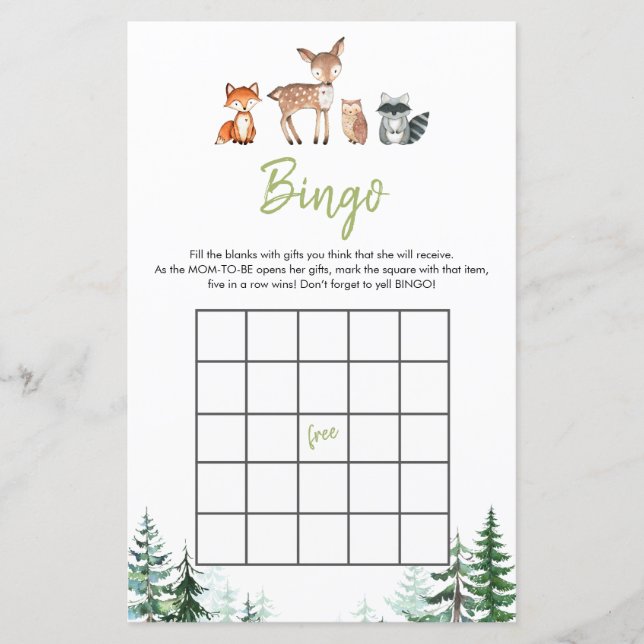 Woodland Forest Oh Boy Baby shower Bingo Spel (Voorkant)