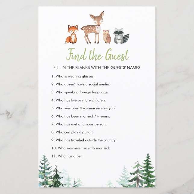 Woodland Forest Oh Boy Baby shower Zoek de gast (Voorkant)