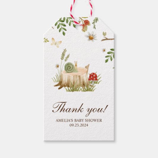 Woodland forest paddestoelen baby shower gunsten cadeaulabel (Voorkant)