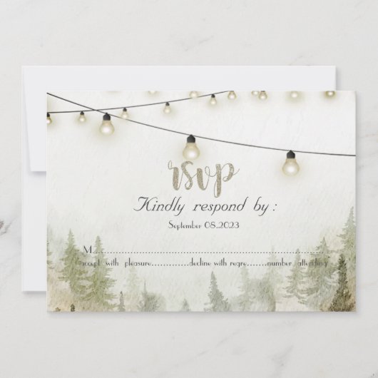 Woodland, Forest, Pine Trees, Lights RSVP Kaart (Voorkant)