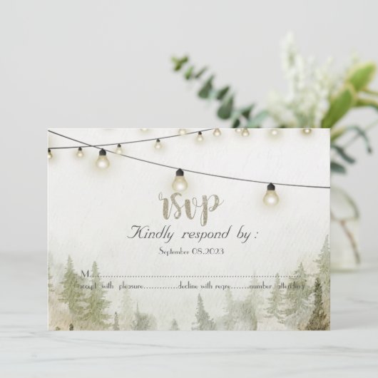 Woodland, Forest, Pine Trees, Lights RSVP Kaart (Staand voorkant)