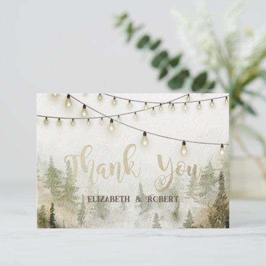 Woodland, Forest, Pine Trees, String Lights Bedankkaart (Staand voorkant)
