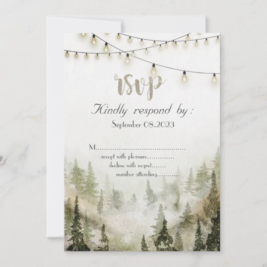 Woodland, Forest, Pine Trees, String Lights RSVP Kaart (Voorkant)