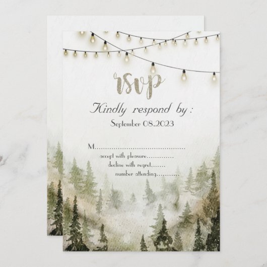 Woodland, Forest, Pine Trees, String Lights RSVP Kaart (Voorkant / Achterkant)
