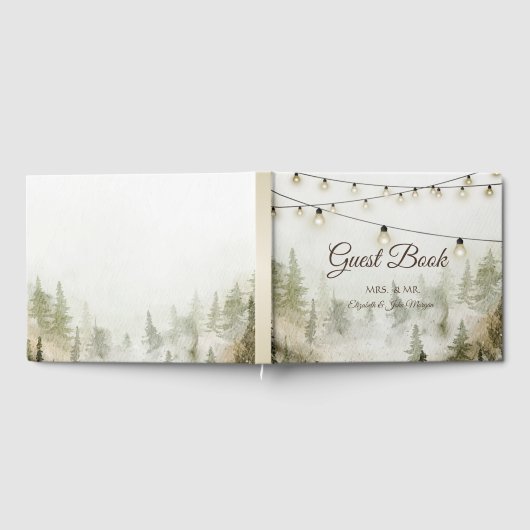 Woodland, Forest, Pine Trees, String Lights Weddin Gastenboek (Volledig)