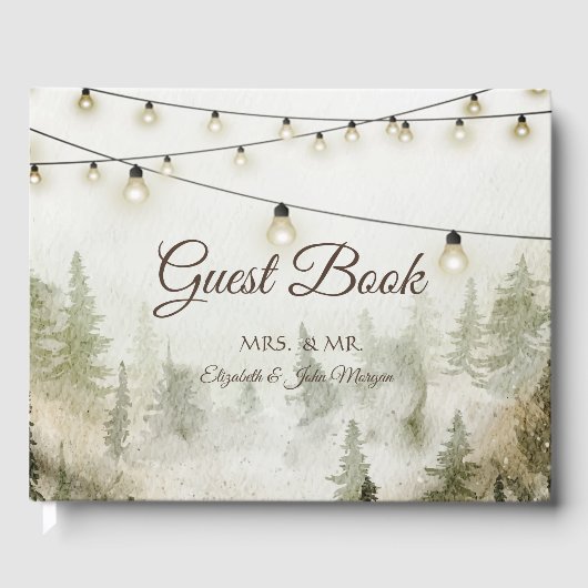 Woodland, Forest, Pine Trees, String Lights Weddin Gastenboek (Voorkant)