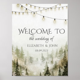 Woodland, Forest, Pine Trees, String Lights Weddin Poster