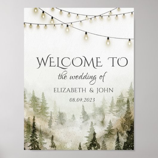 Woodland, Forest, Pine Trees, String Lights Weddin Poster (Voorkant)