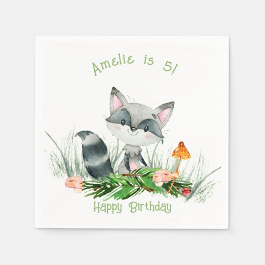 Woodland Forest Raccoon Cute Birthday Napkins Servet (Voorkant)