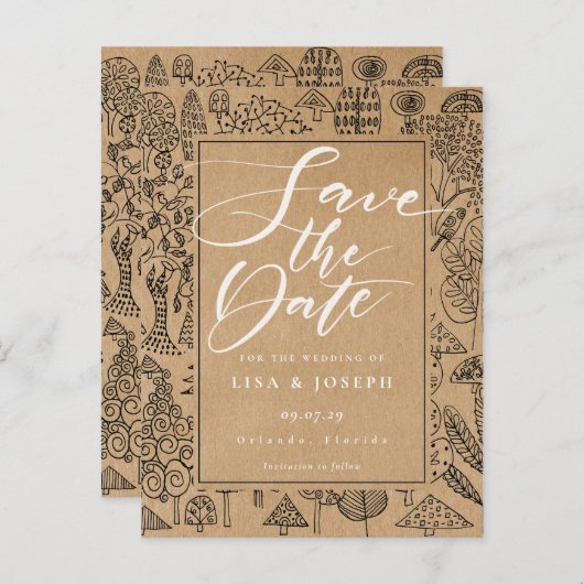 Woodland Forest Rustic Kraft Script Bewaar de datu Aankondigingskaart (Voorkant / Achterkant)