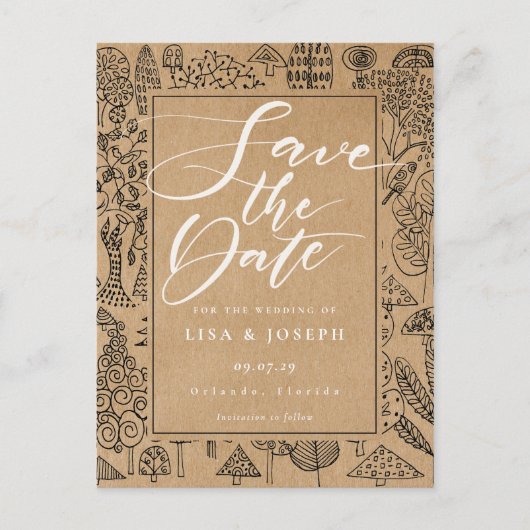 Woodland Forest Rustic Kraft Script Bewaar de datu Aankondigingskaart (Voorkant)
