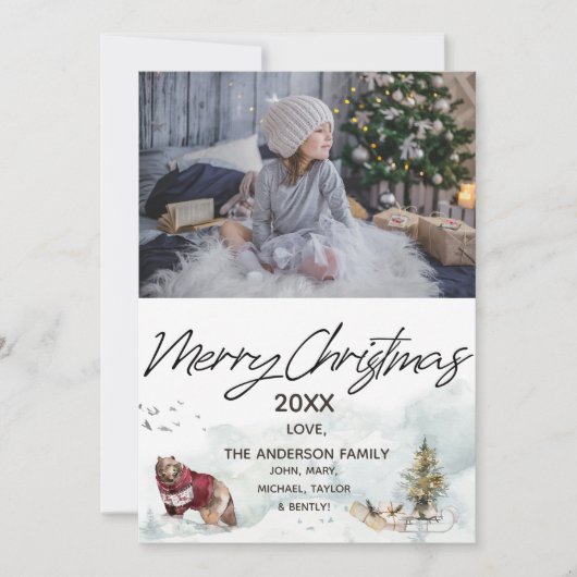 Woodland Forest Sled Beer Foto Vrolijk Kerstfeest Feestdagenkaart (Voorkant)