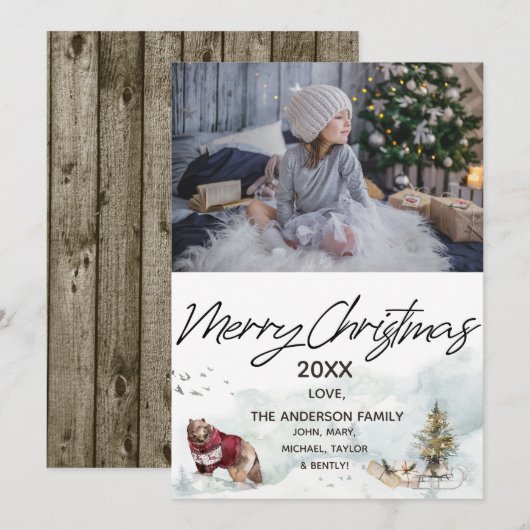 Woodland Forest Sled Beer Foto Vrolijk Kerstfeest Feestdagenkaart (Voorkant / Achterkant)